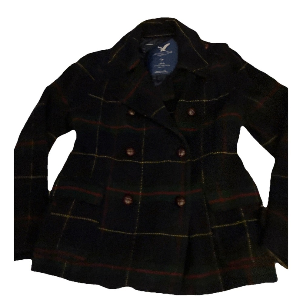 American Eagle Outfitters Womens Double Breasted Jacket Large‎ Wool Blend Plaid